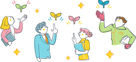 頭上に浮かぶ輝く芽を見上げる多様な職業の男女、個性の発見と人材育成や適材適所を表現した手描き風ベクターイラスト 未来を育てる光る芽シリーズ