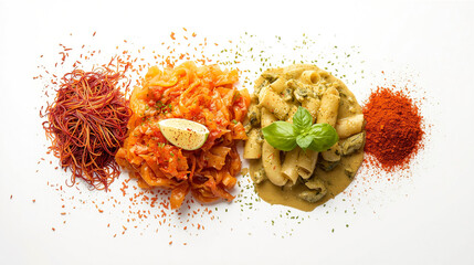 Assorted spices and ingredients arranged on a white surface