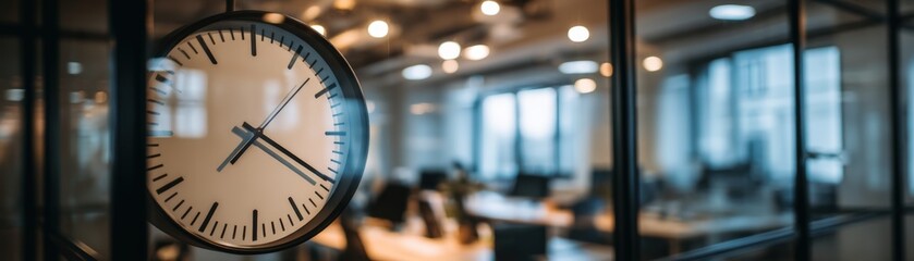 A modern office clock hangs prominently, a sleek design against a backdrop of a contemporary workspace filled with desks and large windows, urgency, limited time, responsibility