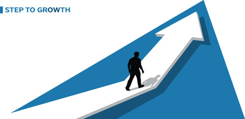 A person walking on a large arrow pointing upwards symbolizing growth and progress in a business context from a side view