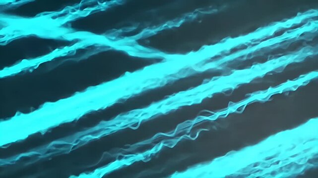 Abstract turquoise light rays forming parallel diagonal waves across a dark background