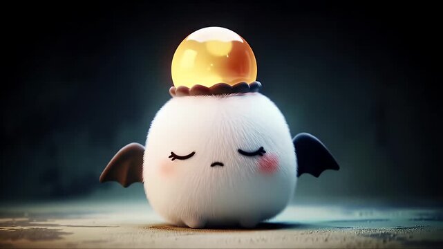 Adorable Plush Snow Creature with Tiny Bat Wings Wearing a Yellow Hat at Dusk