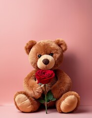 Obraz premium Valentine's day concept. Pink smiling Teddy bear plush toy holding a pink rose flower on pale pink background with copy space