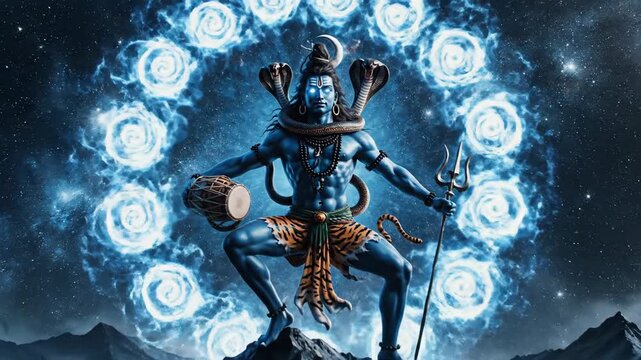 Lord Shiva Cosmic Dance on Mountain Peak Blue Energy Aura Hindu God