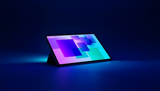 Modern digital tablet displaying vibrant geometric patterns on dark background - Powered by Adobe