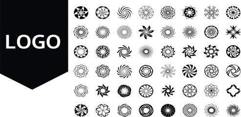 Collection of various black and white emblem designs on a white background displayed in a grid pattern