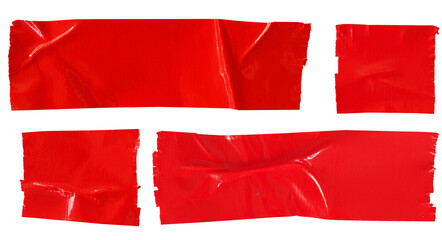 Set of red wrinkled torn adhesive tape, isolated on white background, on transparent background, crumpled texture element for design