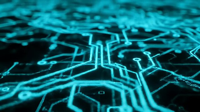 Blue Neon Circuitry Close-Up Featuring Glowing Traces and Intricate Computer Chips
