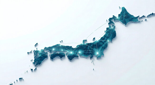 日本地図の3Dネットワークイラスト。通信とビジネスのつながり