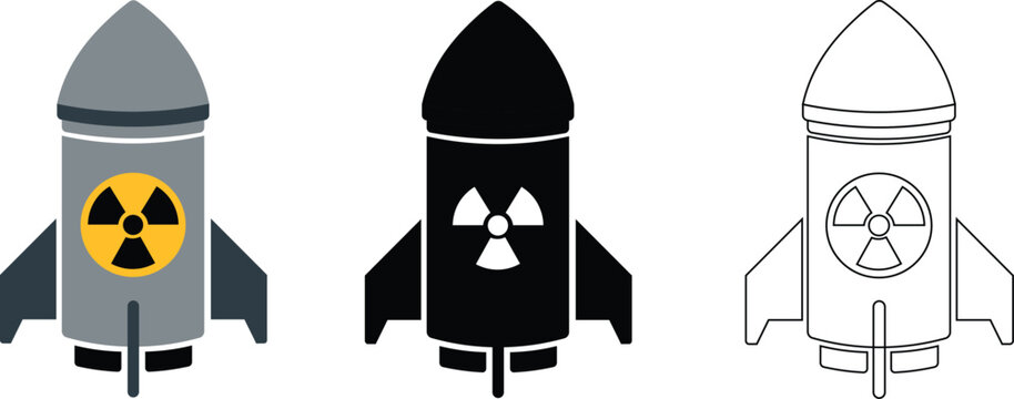 Nuclear Missile Rocket Icon Set Vector &ndash; Atomic Bomb Rocket Symbols in Color, Black and Outline Style