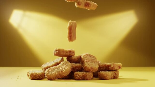 Brightly lit studio shot of crumbly round cookies tumbling onto a vibrant yellow surface