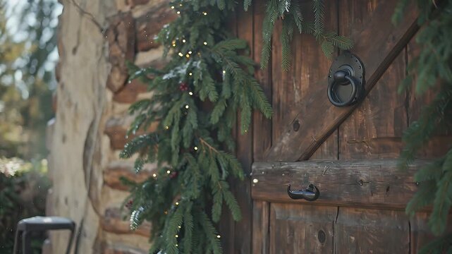 Rustic wooden door framed by lush evergreen garland on a weathered log cabin wall