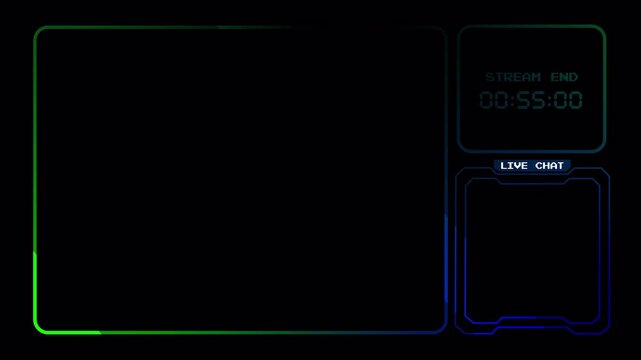 Twitch Stream Overlays Intermission Screen Countdown. Animated Webcam Frame and Live Chat Box Neon Gradient Design 4k video animation seamless loop