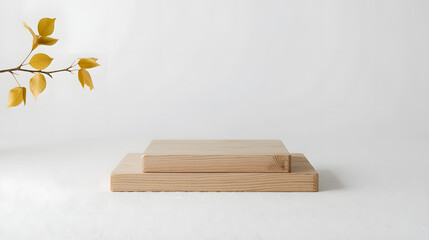 The image displays a minimalist product presentation scene, featuring two wooden blocks that can be used as floating shelves, cutting boards, or display platforms. 
