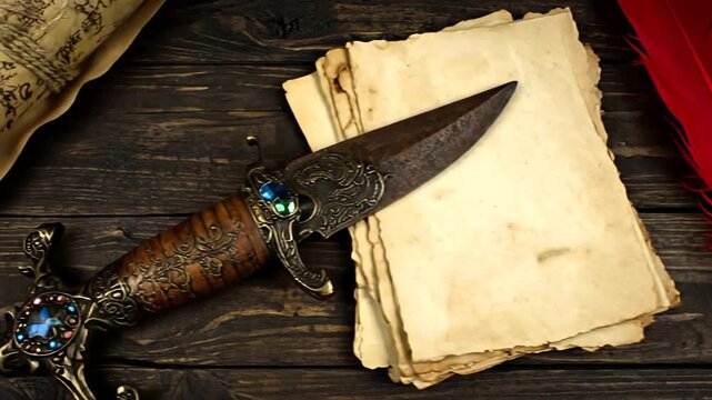 A close-up shot of a decorative dagger, parchment scrolls, and aged paper on a wooden surface
