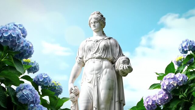 Classical Stone Statue of a Flowing-Robed Female Figure Framed by Blue Hydrangeas in a Sunlit Garden