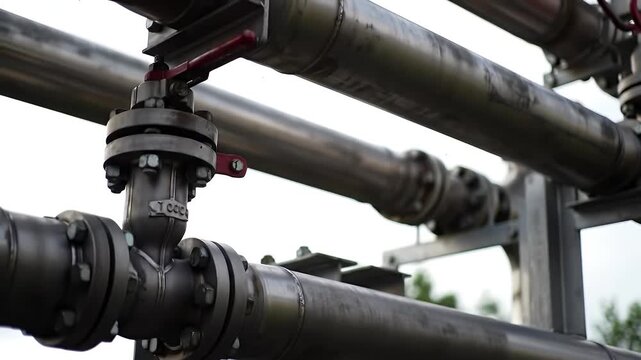 Close Up View of an Industrial Piping System with Dark Metal Pipes Valves and Supporting Framing Structures