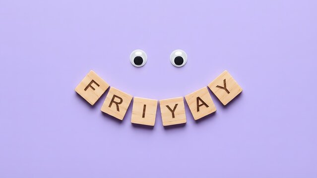 Happy FriYay message with googly eyes on a purple background.