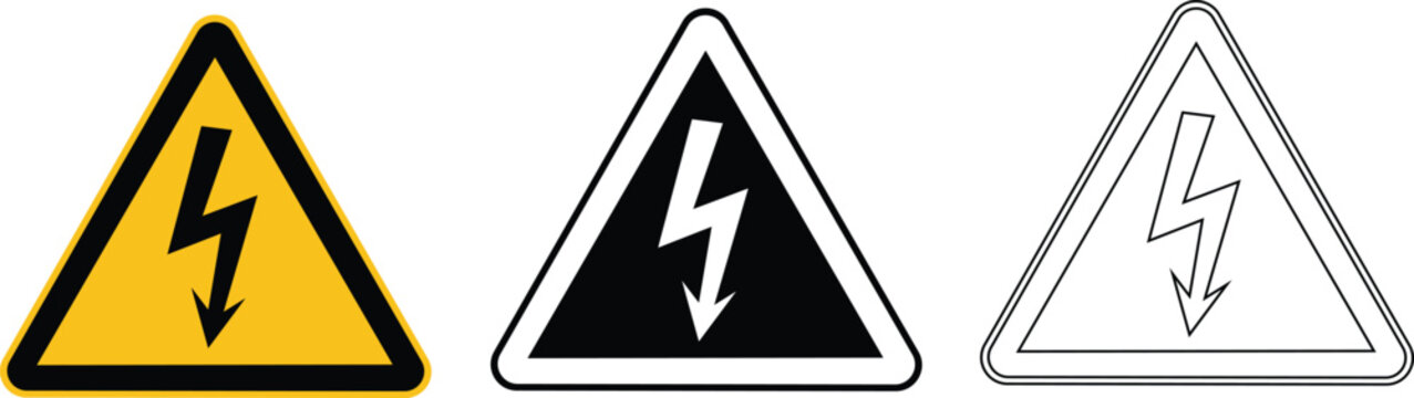 High Voltage Warning Sign Icon Set Vector &ndash; Electric Hazard Triangle Symbols in Yellow, Black and Outline