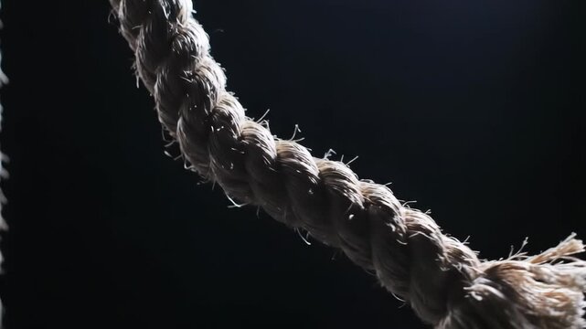Detailed close-up view of a thick, coarse rope made from natural fibers, showcasing its textured surface and intricate weave under dramatic lighting against a dark, out-of-focus background.
