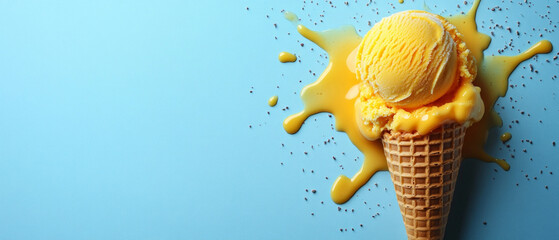 Juicy ice cream melting under a stream of caramel will decorate the main background of advertisements for desserts or summer promotions at cafés.