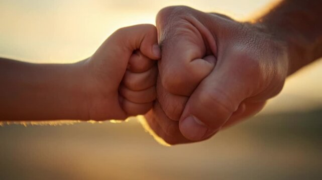 Close-up of a heartwarming fist bump between an adult's hand and a child's hand, symbolizing strong family bond and unity