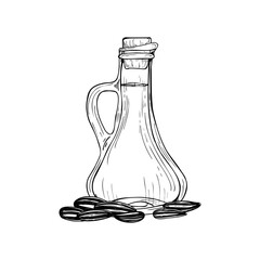 Monochrome sunflower oil glass bottle with seed pile line art black ink sketch. Hand drawn glassware with refined vegetable oil isolated illustration for culinary, packaging, design, poster