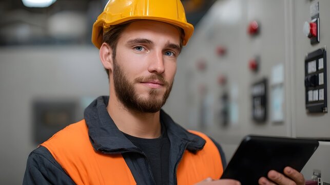 Skilled male technician in safety vest and hard hat holding tablet in industrial control room - Powered by Adobe