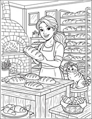 Detailed bakery coloring page with female baker cake cupcakes bread shelves oven and cute cat illustration