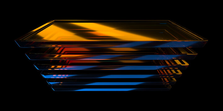 Futuristic stack of colorful rectangular layers with abstract lighting. 3d render