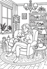 Relaxing Cozy Home Interior with Woman Reading and Cat &ndash; Hand Drawn Line Art