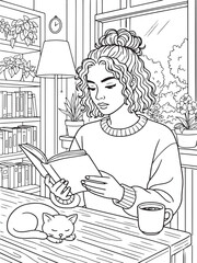 Calm Woman Reading a Book with Sleeping Cat and Coffee in a Cozy Home Interior Coloring Page Illustration