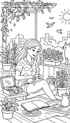 Relaxing Garden Balcony Scene with Young Woman Cat Plants and Cozy Lifestyle Line Art Illustration