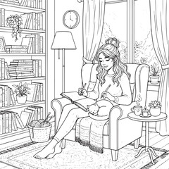Cozy Reading Time at Home with Cat &ndash; Relaxing Living Room Line Art Illustration