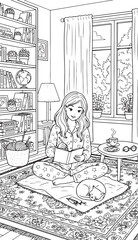 Woman Reading Book with Cat in Cozy Living Room &ndash; Black and White Line Art Illustration