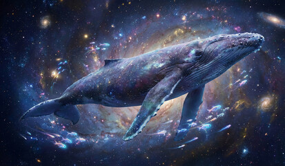 Fototapeta premium Giant Humpback Whale Swimming in Starry Space Nebula