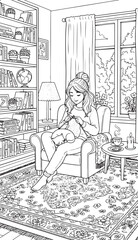Cozy home coloring page of woman knitting in armchair with cat books and warm interior