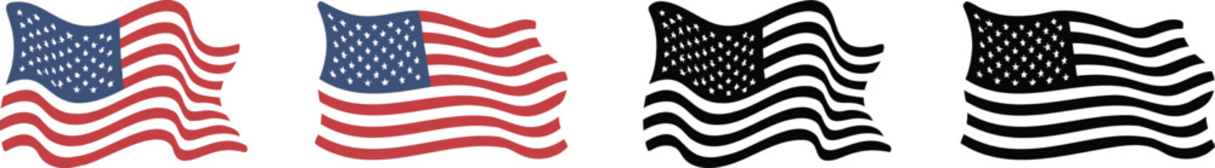 Obraz premium Four waving American flags in color and black white