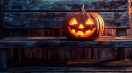A pumpkin with a carved smile on a wooden bench conveys the spirit of Halloween, providing a vibrant backdrop for festive events and themed parties.