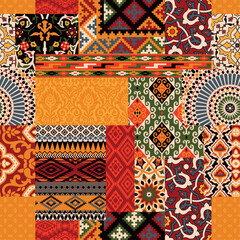 Fantasy patterned fabrics mix patchwork wallpaper abstract vector seamless pattern print for textile fabric carpet rug tablecloth tapestry wrapping 
