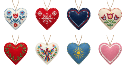 Embroidered felt heart ornament set including floral, snowflake, bird, and sun patterns isolated. Christmas decoration and Valentine's Day craft collection.