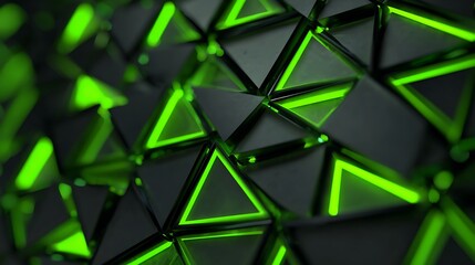 Abstract futuristic background with green glowing triangular shapes in dark atmosphere