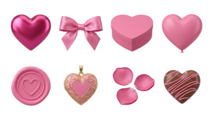 Valentine's day pink set including metallic heart, ribbon bow, gift box, balloon, wax seal, locket, rose petals, and chocolate candy isolated. Romantic holiday decoration collection.