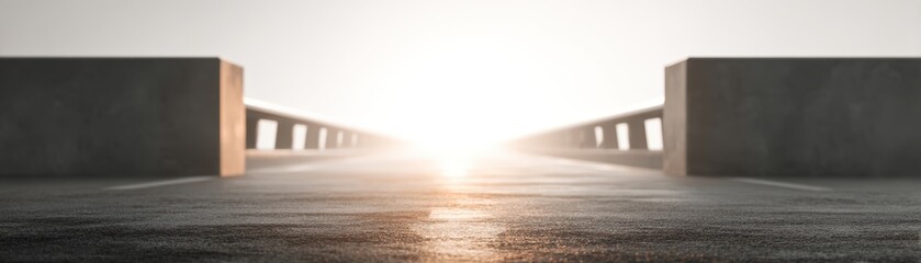 Obraz premium A serene road stretches towards a bright horizon, flanked by concrete barriers, evoking a sense of journey and possibility, change without collapse, continuity across disruption, ESG