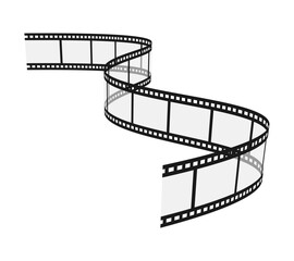 Blank transparent curved film strip isolated on white background. Wavy movie reel in perspective. Vector illustration