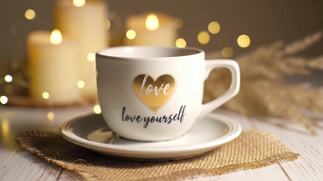 Cozy White Cup with Love Yourself Message on Saucer, Surrounded by Warm Candles