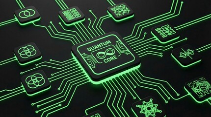 Futuristic Quantum Core processor with neon green circuit lines on black background
​3D render of Quantum computing chip with infinity symbol and glowing data flow
​High tech CPU concept illustrating 