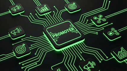 Futuristic "Promoter" chip connecting digital marketing icons on a circuit board
​3D render of AI marketing technology concept with neon green promotion symbols
​High tech processor illustrating digit