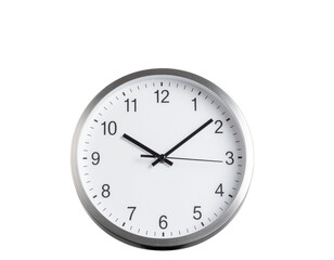Round wall clock with white face and black numerals displaying time