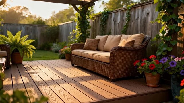 Medium shot of an outdoor patio featuring woodlook composite decking surrounded by garden furniture and lush greenery.